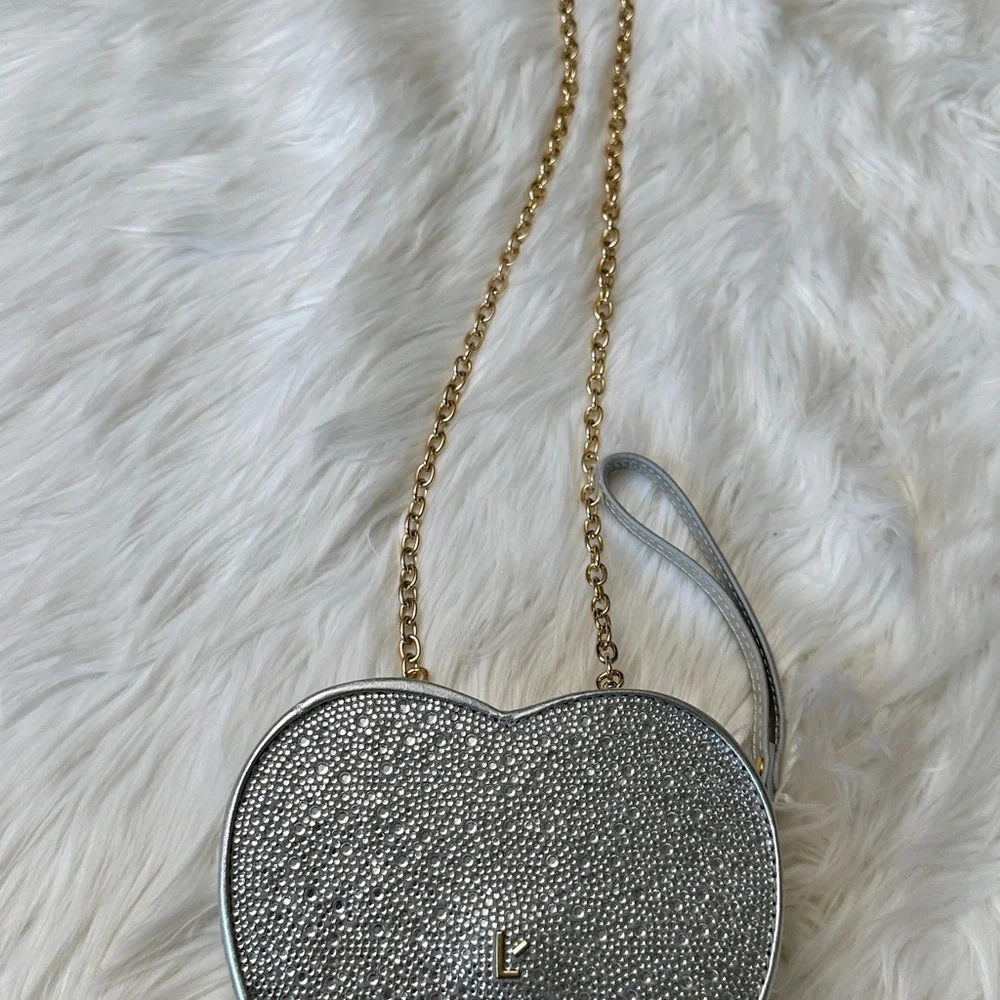 Larroude Heartbreaker Crossbody Bag In Crystal and Light Gray Vegan Suede NWT - Picture 9 of 14